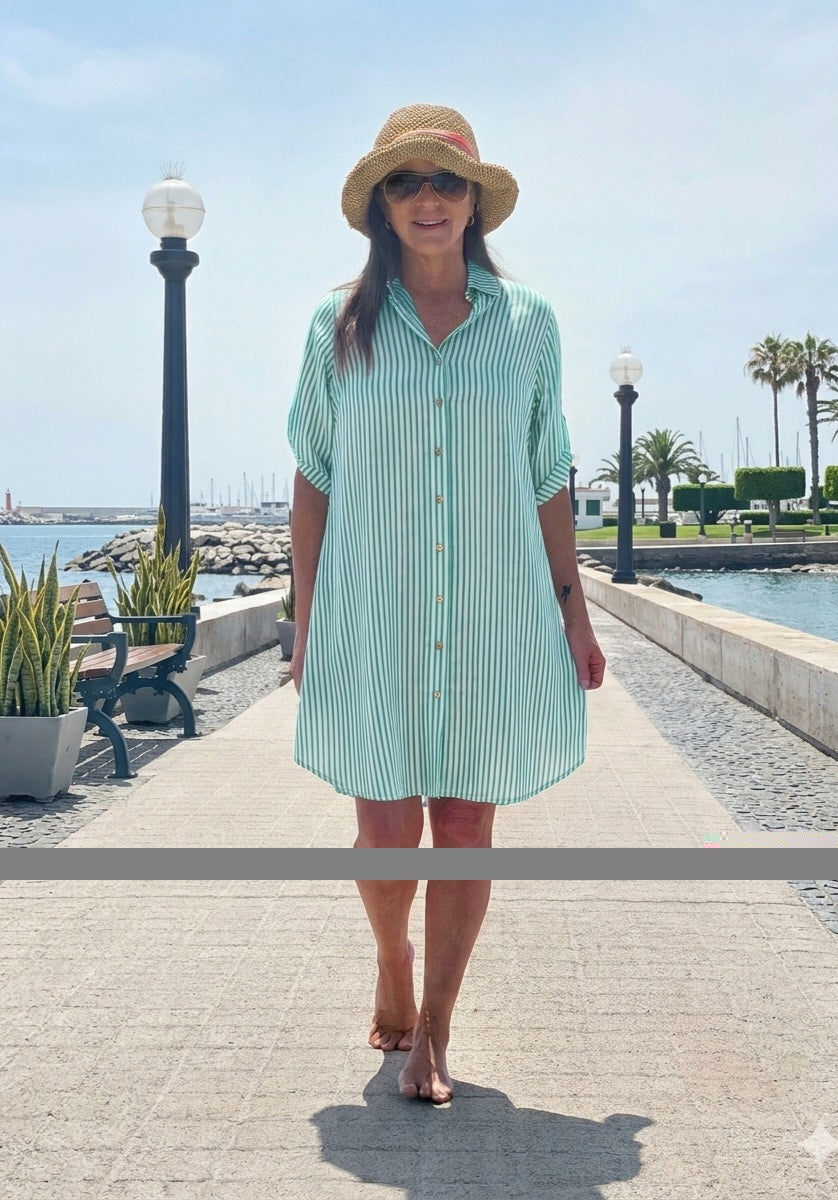 Camisero Mariel / Rayas blanco y verde esmeralda